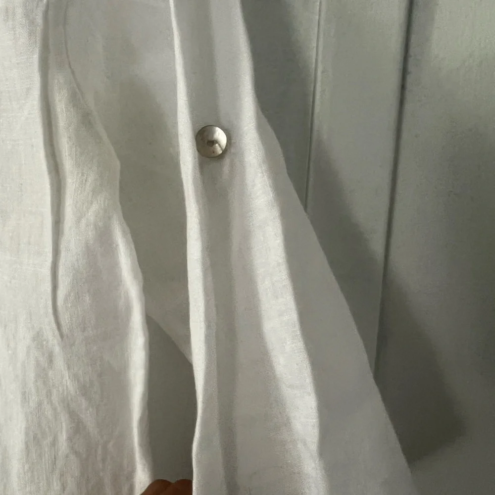 White Linen 3/4 Sleeve Boxy Blouse with Mandarin Collar - Picture 12 of 12
